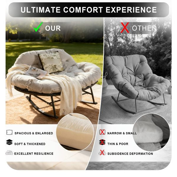 [Outdoor Rocking Chair] Double Outdoor Rocking Papasan Chair, 2-Person Oversized Loveseat Rocker with Thickened Soft Cushion And Rattan Wicker Frame for Patio, Garden, Balcony Relaxation