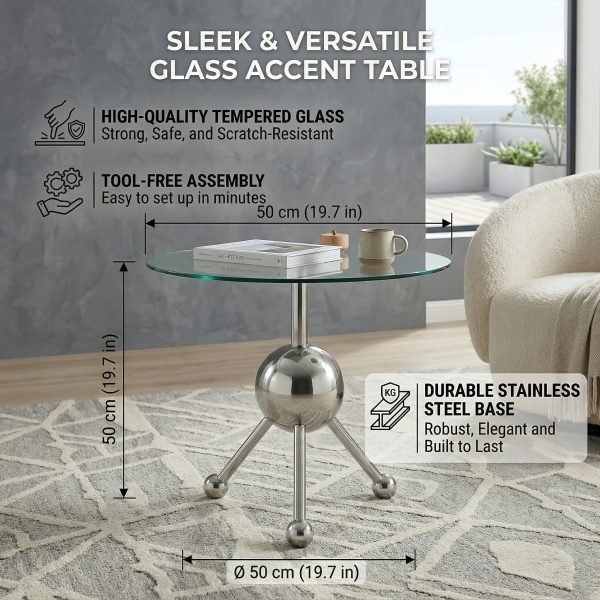product-fancy-cbbfdc87-ae37-456f-b65b-eee84e93c6db Sumdeal Modern Round Glass Side Table - 19.7" Stainless Steel End Table with Chrome Sphere Base - Small Tempered Glass Coffee Table for Living Room, Bedroom, & Bedside - Tool-Free Assembly(Silvery)