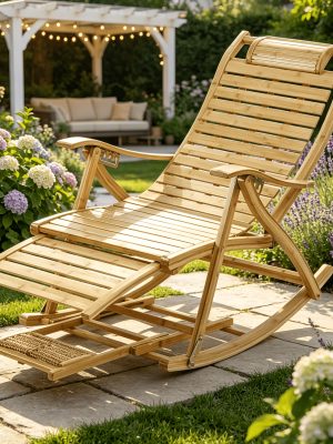 AESOME Loungers Deck Chair Wood Foldable Recliner Zero Gravity Chairs Bamboo Rocking Chair Ergonomic Design High Back Chaise Garden Outdoor Sun Lounge with Footrest for Patio Pool Sauna Sunbed