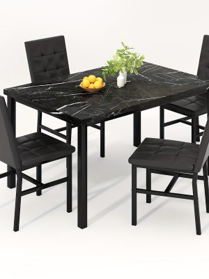 LAMERGE 5pcs Of Dining Table Set, Dining Room Table Set Can Be Used By 4 People, Kitchen Table Set, 1 Artificial Anti-marble Pattern Table And 4 Metal Legs Chairs, Suitable for Living Room, Dining Room, Kitchen Furniture