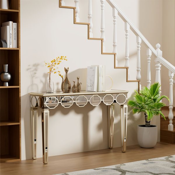 AESOME Luxury Elegant Mirrored Console Table 47.24 Rectangular Silver Mirrored Entryway Table Lantern-Shape Pattern Decor with Golden Rim Legs Sofa Side Tables Long Hallway Table for Foyer, Entrance, Offices Decor