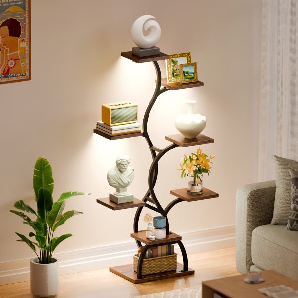 product-fancy-cc9ba18f-94f6-450e-ab36-7196abfdc18f 1pc Bookshelf with LED Lights- 8 Tier 123cm Multi-functional Metal Display Shelf Corner for Books Magazines Photo Frames, Vases, 48.7" Vine-shaped Storage Shelf for Living Room, Study, Stairway, Bedroom, Good Choice for Gifts Home