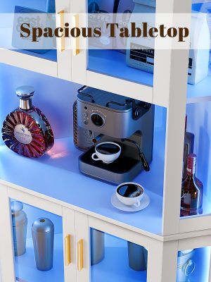 65" Tall Corner Wine Bar Cabinet with LED Lights, 4-Tier Liquor Storage Cabinet with Glass Door, Space Saving Organizer for Living Room & Kitchen (Black/White)