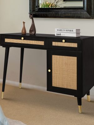 Yvsevnr Rattan Vanity Desk WithDrawers and Storage, Black Make up Vanity Table Modern Home Office Desk Computer Desk for Bedroom Study D0005