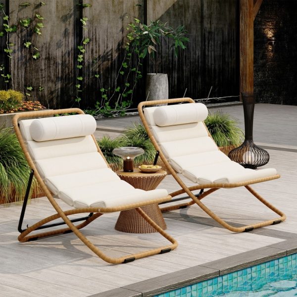 [Outdoor Folding Chair] TREXM 2pcs Outdoor Folding Chair, Rattan-Wrapped Patio Chair with Adjustable Backrest, Thick Cushion, and Detachable Headrest, for the Poolside, Beach, Backyard, Decck, and Camping
