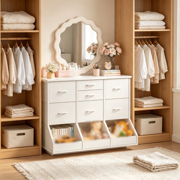 product-fancy-ccd01209-23ba-4be0-b523-17f53c8ba22b Single Bedroom with 7 Drawers And 3 Large Open Storage Combination Cabinets, Including Wardrobe Cabinets, Dressing Tables, Drawer Cabinets, Filing Cabinets, for Home/hallway/bedroom Use, White/pink/purple/black/brown