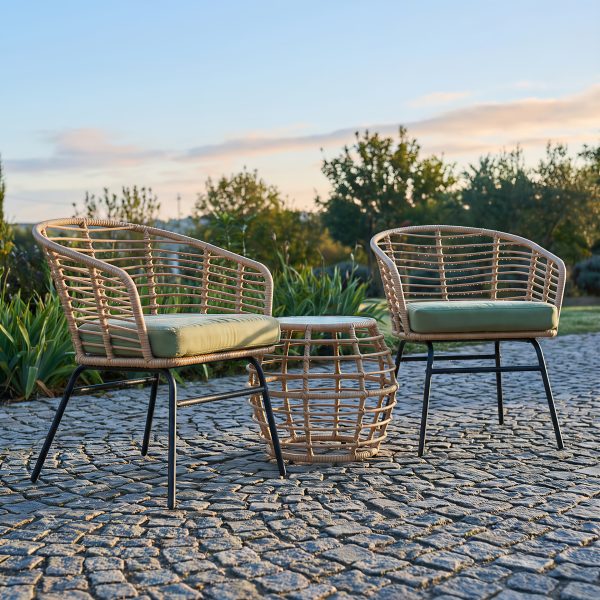 [Outdoor Patio Set] 3pcs All-Weather Outdoor Patio Furniture Set Suitable for Garden, Balcony & Poolside - Metal Frame Wicker Rattan Conversation Set with Cushions & Coffee Table, -Filled Chairs (Green)