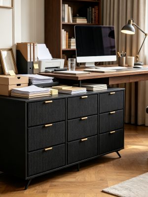9 Drawer Modern Fluted File Cabinet, Wide Drawers with Metal Handles, Multi-Functional Storage Cabinet for Home Office