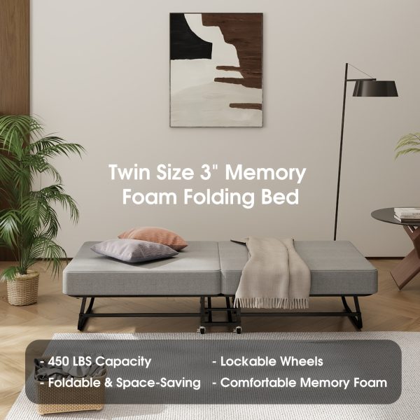 Twin Size Folding Bed with 3" Memory Foam Mattress, Foldable Roll Away Guest Bed for Adults, Sturdy Metal Platform Bed with Wheels, Space-Saving Design for Easy Storage, Portable Bed for Bedroom, Office & Apartments, 75''x31''