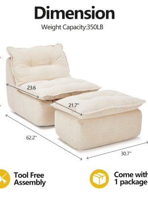 MCQ Single Recliner Chair with Footrest - 62.2-inch Foam Floor Lounger, Boneless Modern Bean Bag Sofa Suitable for Bedroom or Living Room, Cloud Bed for, No Assembly Required, Space-Saving