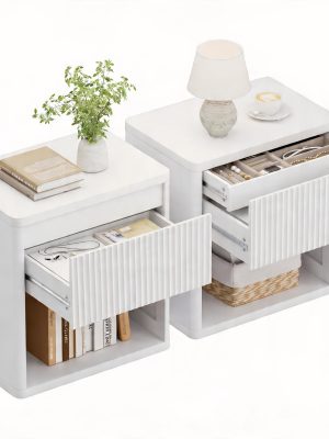 Modern Space-Saving Nightstand with Hidden Drawers & Open Shelf - Curved Bedside Table Suitable for Small Bedrooms, Freestanding Assembly Required Bedside with Concealed Drawers and Open Shelves for Narrow Spaces