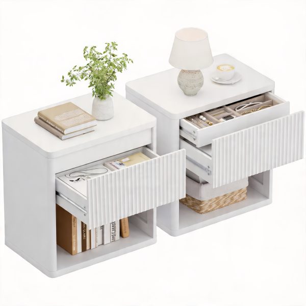 product-fancy-cd76e1ea-5a4b-41af-bde9-b3fde1d2056d Modern Space-Saving Nightstand with Hidden Drawers & Open Shelf - Curved Bedside Table Suitable for Small Bedrooms, Freestanding Assembly Required Bedside with Concealed Drawers and Open Shelves for Narrow Spaces