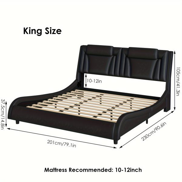 product-fancy-ce0fa2b5-aeb3-444c-a0da-6f4b4f933aac Upholstered Bed Frame Available in Full, Queen, And King Sizes Featuring an Adjustable Headboard, a Wavy Design, a Removable Backrest, And Solid Wooden Slats for Support, Eliminating The Need for a Box Spring, Offered in Faux Leather in White