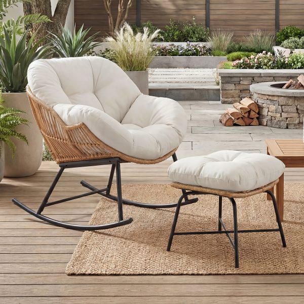 product-fancy-ce17f6e5-b39d-44f4-92b2-ce70af4d0a04 Outdoor Terrace with Footstool Rocking Chair, Oversized Papasan Chair with Cushion for Comfortable Reading, Suitable for Deck/Garden/Terrace/Camping, Outdoor Terrace Furniture. Beige