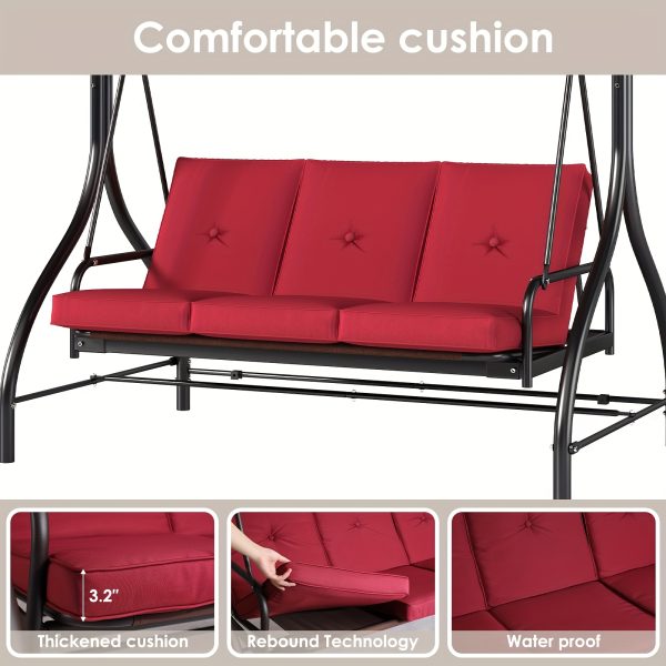 3 Person Patio Porch Swing Outdoor Converting Swing Glider Hammock with Adjustable Canopy, Cushions for Outside Backyard, Garden (Pillow Not Included)