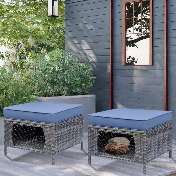 2pcs Royal Craft Outdoor Patio Furniture Set | Hand-Woven Pe Rattan Ottomans With 3.15 Inch Thick Cushions, All-Weather Material, Movable Cushions, Multifunctional Use, Gray Wicker With Beige/Denim Blue Cushions