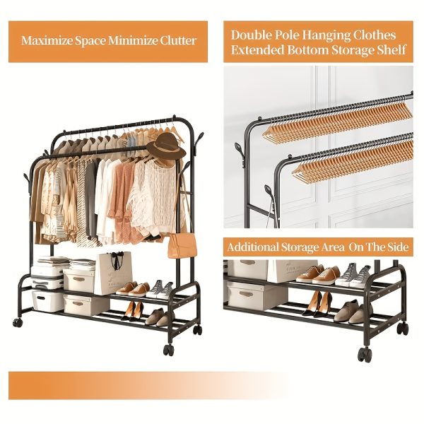product-fancy-ce99083d-792d-42ee-a5b5-db1e31026ced Durable Metal Hanger With Double Poles And Wheels, Equipped With Shelves And Hooks, A Multifunctional Wardrobe Solution Suitable For Independent Metal Hangers In Bedrooms, Laundry Rooms, And Living Rooms.