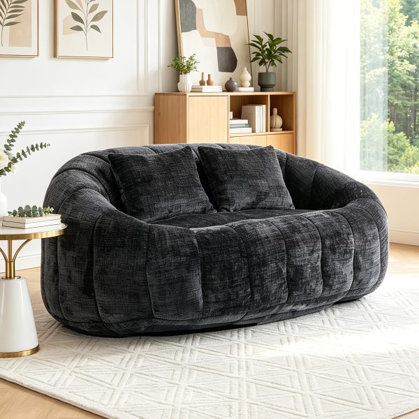 Oval Padded 2-Seat Beanbag Chairs, Upholstered Bean Bag Couch with 2 Pillows And Wrap-Around Backrest, Gaming Loveseat Sofa, Chenille Fabric Lazy Floor Beanbag Chair