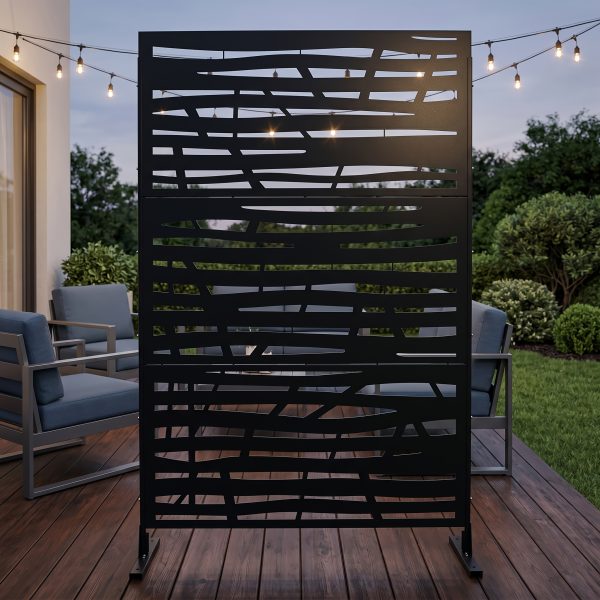product-fancy-cf48dbc9-f62b-47fa-8ff7-75c74d10cace Freestanding Black Metal Privacy Screen 76"x48", Bold Indoor Outdoor Decorative Fence Panel Divider for Deck Balcony Patio Backyard Lawn Garden Pool Yard Porch Front Yard Bedroom Living Room Office Studio Entryway Hallway Restaurant Decorative Fence