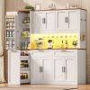 71 Inch Kitchen Pantry Cabinet with LED Lights And Charging Station, 59 Inch Wide Wooden Storage Cabinet with 2 Drawers, 8 Doors, 3-Tier Storage Cart, And 4 Door Shelves, Pantry Storage Cabinet with Microwave Stand for Dining Room, Black, White