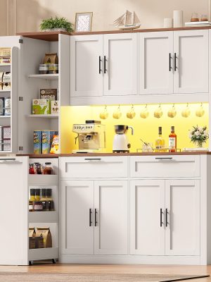 71 Inch Kitchen Pantry Cabinet with LED Lights And Charging Station, 59 Inch Wide Wooden Storage Cabinet with 2 Drawers, 8 Doors, 3-Tier Storage Cart, And 4 Door Shelves, Pantry Storage Cabinet with Microwave Stand for Dining Room, Black, White