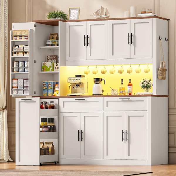 product-fancy-cf6a2b63-0aea-41b5-a8ec-722bac787c2b 71 Inch Kitchen Pantry Cabinet with LED Lights And Charging Station, 59 Inch Wide Wooden Storage Cabinet with 2 Drawers, 8 Doors, 3-Tier Storage Cart, And 4 Door Shelves, Pantry Storage Cabinet with Microwave Stand for Dining Room, Black, White