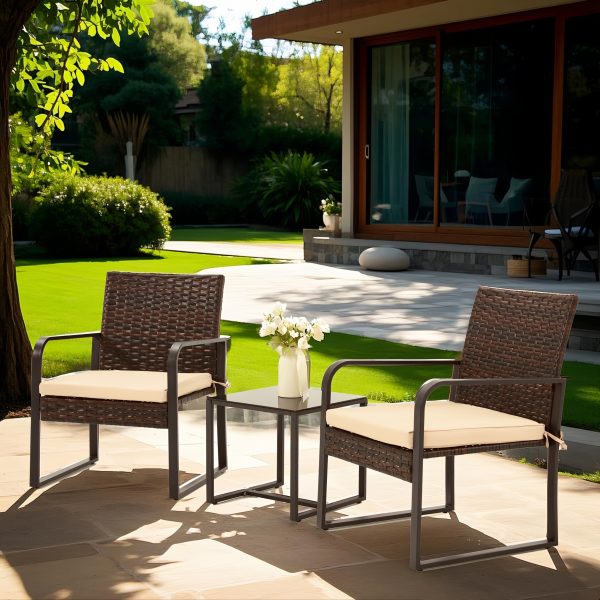 Bezseller 3pcs Outdoor Furniture Set, Rattan Bistro Set with Coffee Table, Sturdy Steel Frame with Cushions for Garden, Balcony, Poolside, And Backyard