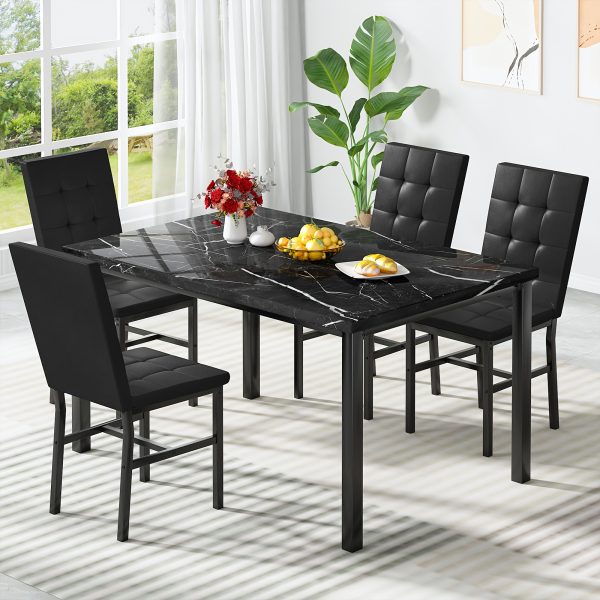 product-fancy-cf864cef-0b12-4d4d-8c54-120e5b34a1ac LAMERGE 5pcs Of Dining Table Set, Dining Room Table Set Can Be Used By 4 People, Kitchen Table Set, 1 Artificial Anti-marble Pattern Table And 4 Metal Legs Chairs, Suitable for Living Room, Dining Room, Kitchen Furniture