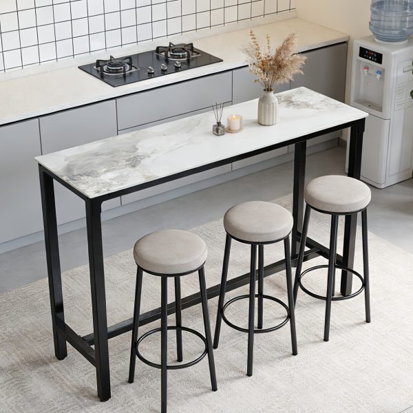 AESOME Counter Height Table Rectangle Sintered Stone Tabletop 47.2in Narrow Long Kitchen Dining Table 41.4in High Top Table Living Room Furniture, Sturdy Metal Frame
