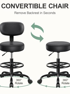 KERDOM Adjustable Height Drafting Chair with Removable Backrest & Quiet-Rolling Wheels - 300 lbs Capacity PU Leather Swivel Stool, Ergonomic Metal Frame for Office, Studio, Clinic, Kitchen, Salon (Black), Ergonomic Chair, Studio Seating, Professional Seating, Premium Materials, Heightadjustable Stool, Office Professionals, Standing Desk Stool, Sleek Design, Durable Construction, Rolling Stool, Kitchen Stool