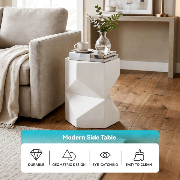 product-fancy-d03a56fe-f207-4d3c-b6c9-e12443819ae7 17.9” Modern Polygonal Magnesium Oxide Side Table - Space-Saving /Outdoor Accent Table with Polished Cement Top & Magnesium Frame, Suitable for Living Room, Bedroom, Balcony - White/Black/Grey Geometric End Table or Plant Stand