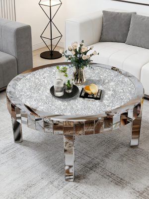 AESOME Glam Silver Mirrored Round Coffee Table Crushed Diamond Accent Side Table With Beveled Glass Edge Modern Center Table For Living Room And Office (31.5" D X (31.5" W X 18.3" H)