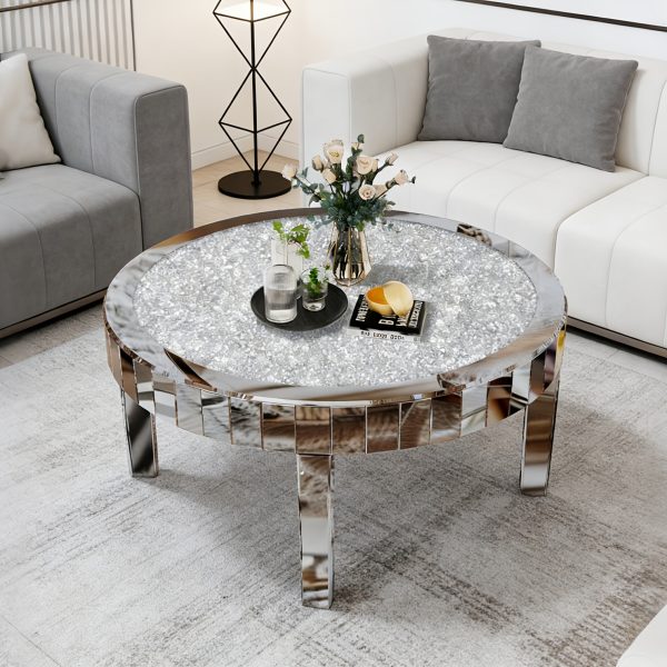 AESOME Glam Silver Mirrored Round Coffee Table Crushed Diamond Accent Side Table With Beveled Glass Edge Modern Center Table For Living Room And Office (31.5" D X (31.5" W X 18.3" H)