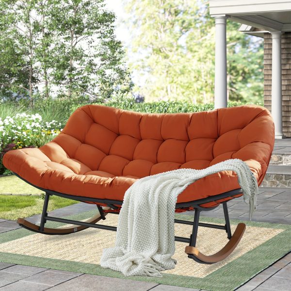 [Outdoor Rocking Chair] Outdoor Patio Rocking Chair, Oversized Papasan Rocking Chair for 2 with E-Coated Steel Frame And Thick Cushion