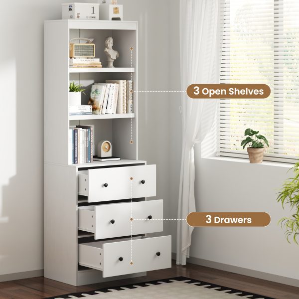 Wood Bookshelf with 3 Drawers - 6 Tier Freestanding Tall Storage Cabinet, Modern Floor Cabinet for Bedroom, Curio Cabinets with Storage for Living Room, Home Office