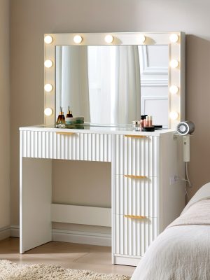 ALBOTT Fluted Vanity Desk With Large Mirror, Adjustable LED Lights, Glass Top, Charging Station And 4 Or 7 Drawers Makeup Table For Women And Girls, Suitable For Home Use