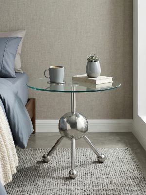 Sumdeal Modern Round Glass Side Table - 19.7" Stainless Steel End Table with Chrome Sphere Base - Small Tempered Glass Coffee Table for Living Room, Bedroom, & Bedside - Tool-Free Assembly(Silvery)