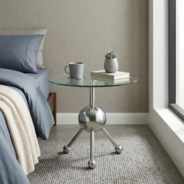 product-fancy-d14754a1-a50f-4740-910c-a3f7cc93016f Sumdeal Modern Round Glass Side Table - 19.7" Stainless Steel End Table with Chrome Sphere Base - Small Tempered Glass Coffee Table for Living Room, Bedroom, & Bedside - Tool-Free Assembly(Silvery)