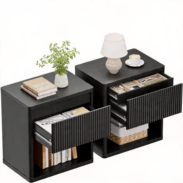 product-fancy-d187d9d8-b2d4-4e81-93c9-a1b8810308b5 Modern Space-Saving Nightstand with Hidden Drawers & Open Shelf - Curved Bedside Table Suitable for Small Bedrooms, Freestanding Assembly Required Bedside with Concealed Drawers and Open Shelves for Narrow Spaces