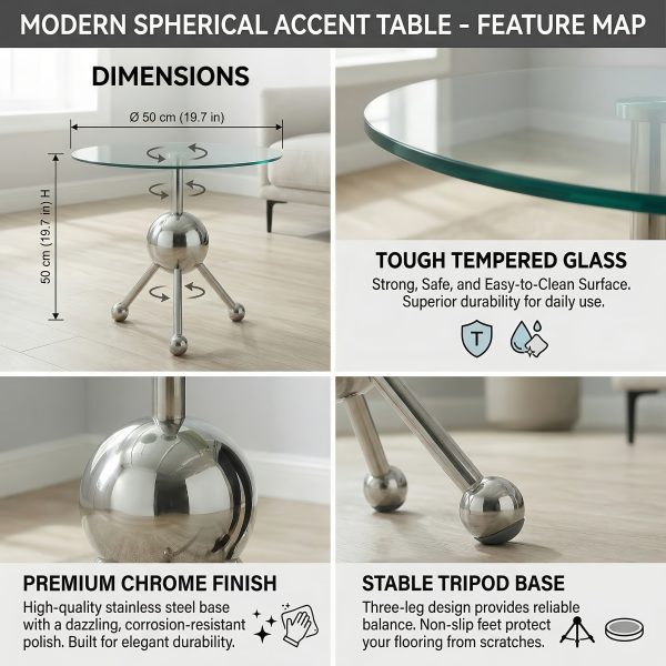 product-fancy-d1d0007b-7528-4295-9a78-00a4ccbf514e Sumdeal Modern Round Glass Side Table - 19.7" Stainless Steel End Table with Chrome Sphere Base - Small Tempered Glass Coffee Table for Living Room, Bedroom, & Bedside - Tool-Free Assembly(Silvery)