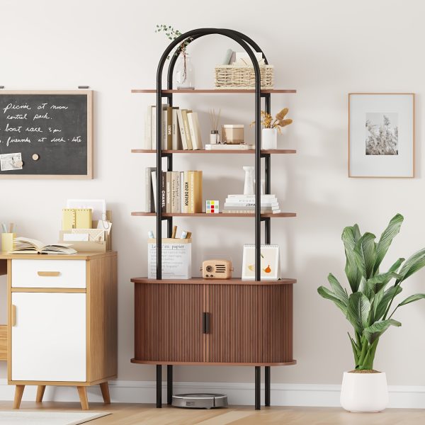 product-fancy-d1fe7c42-ea86-496d-89f3-ffbd0ca546bd 71" Tall Fluted Bookshelf | 4-Tier Mid Century Modern Metal Curved Bookcase With Storage Cabinet, Sliding Door, Adjustable Footpad, Freestanding Arched Organizer For Living Room, Bedroom, Home Office | Wood Color, Matte End, Hardwood, Lshuizhu Brand