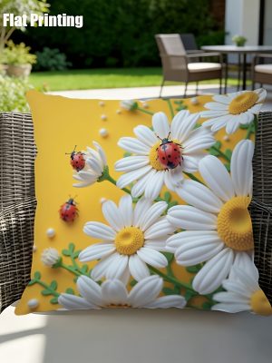 2D Flat,Terrace Cushion Cover,1pc 18X18 Inches Quare Pillow Cover, Ladybugs Rest on Daisies.,Decoration, Gifts,Valentine Festival Gifts,Outdoor Indoor,Garden Decoration, 2D Flat