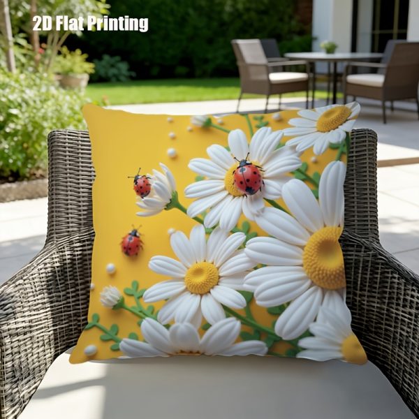 product-fancy-d228ecbb-cac1-4d66-a13f-88642a97cd22 2D Flat,Terrace Cushion Cover,1pc 18X18 Inches Quare Pillow Cover, Ladybugs Rest on Daisies.,Decoration, Gifts,Valentine Festival Gifts,Outdoor Indoor,Garden Decoration, 2D Flat