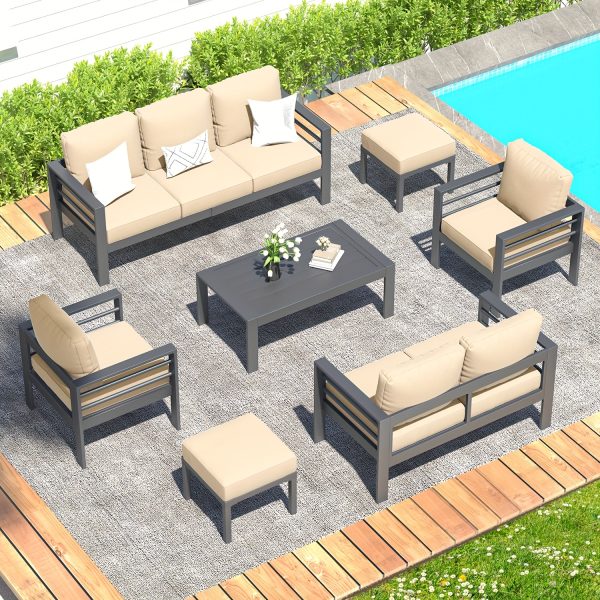 product-fancy-d34de01c-4151-4a58-a010-5c3ba0117fa3 YODOLLA Aluminum Outdoor Furniture Collection, Contemporary Patio Set Including Coffee Table, 7pcs Conversation Set with Cushions for Balcony, Porch, And Lawn