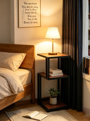3-Tier Nightstand, Industrial Bedside Table with Open Storage Shelves, Wood Top Metal Frame End Table, Space-Saving Side Table for Small Spaces, Living Room, Bedroom, Ideal for Lamp, Books, Plants
