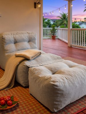 39" Patio Bean Bag Chair with Movable Ottoman, Comfy Chaise Lounge with Foot Rest, High-Density Foam Accent Reading Chair, Modern Single Sofa Couch for Garden, Deck, Balcony, Outdoor Polyester Fabric Beige Leisure Chair for Small Space Relaxing
