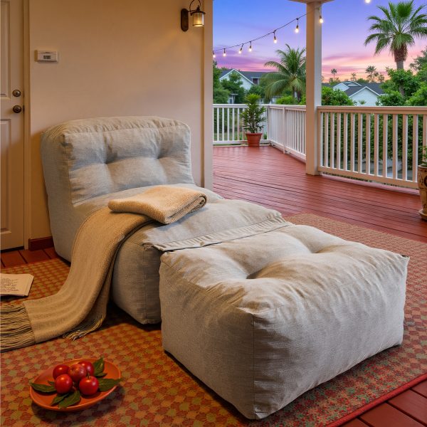 39" Patio Bean Bag Chair with Movable Ottoman, Comfy Chaise Lounge with Foot Rest, High-Density Foam Accent Reading Chair, Modern Single Sofa Couch for Garden, Deck, Balcony, Outdoor Polyester Fabric Beige Leisure Chair for Small Space Relaxing