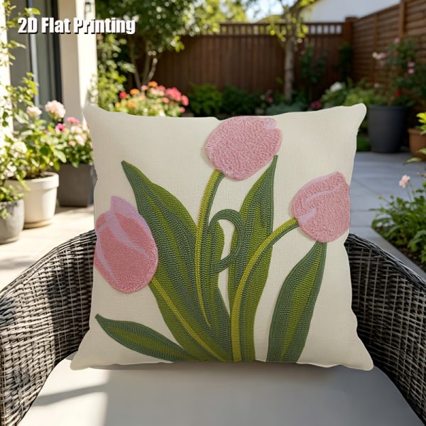 product-fancy-d42a25d7-4e7c-4526-af16-53f59a15c2d1 2D Flat,Terrace Cushion Cover,1pc 18X18 Inches Quare Pillow Cover, Embroidery Features Three Pink Tulips with Green Leaves and Stems.,Decoration, Gifts,Valentine Festival Gifts,Outdoor Indoor,Garden Decoration, 2D Flat