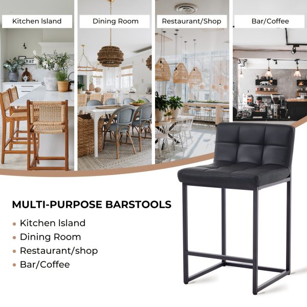 product-fancy-d4461cfc-865e-4a33-a746-fd37adb64641 DMKAI Set Of 2 Modern Counter Height Bar Stools - Black Faux Leather Upholstered, Diamond-Tufted Seat, Sturdy Black Metal Cantilever Base with Footrest | Minimalist Bar Stools for Kitchen Island