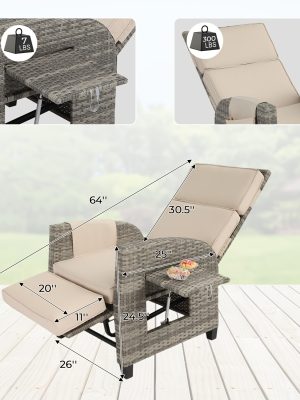 Outdoor Patio Recliner Chair, Independent Adjustable Backrest Up To Lay Flat & Extended Footrest, Flip-Up Side Table, Removable Cushion, All-Weather Wicker, Aluminum Metal Frame For Porch Balcony Garden Poolside